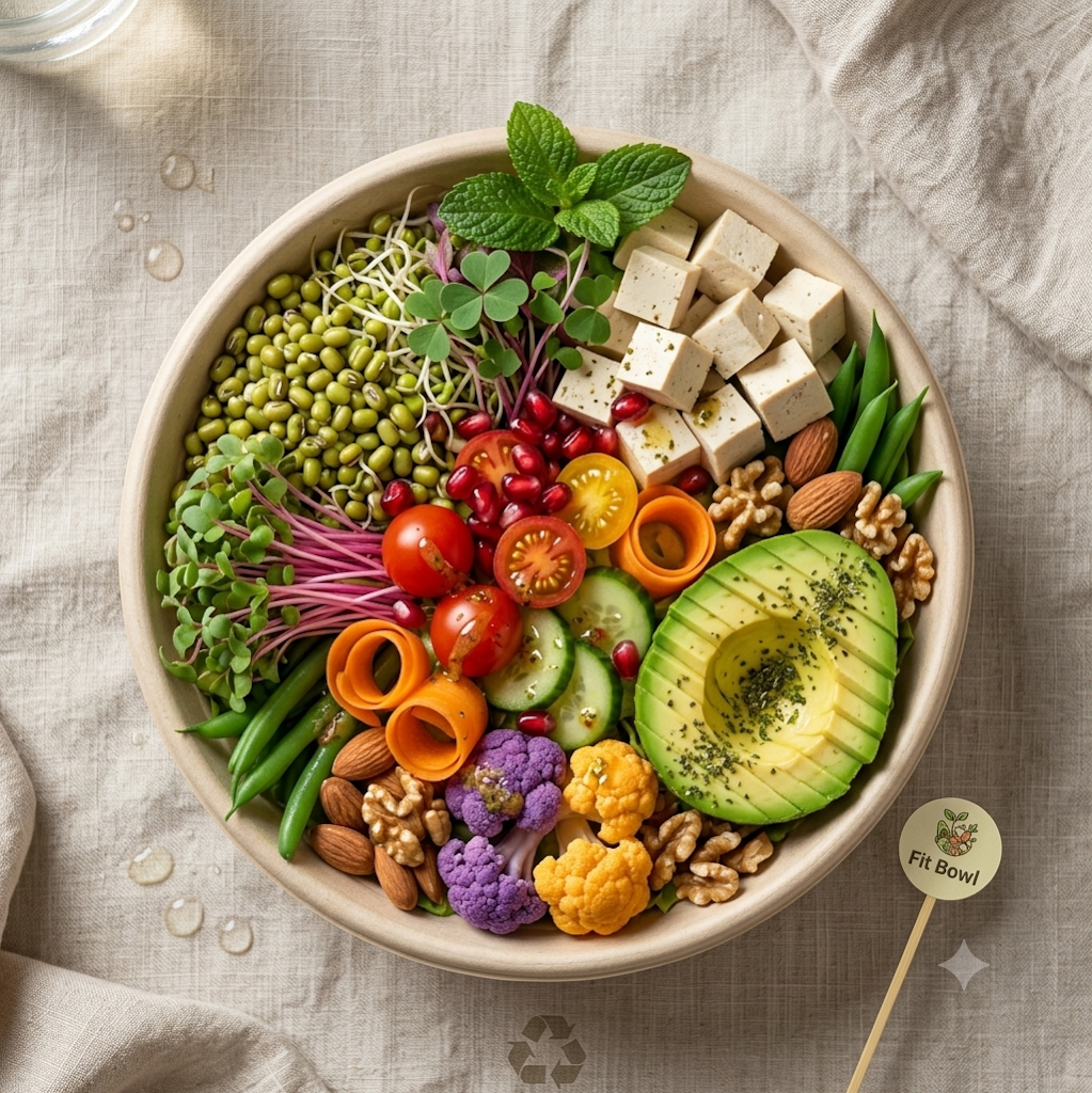 The Complete Harvest bowl seen from above, on a linen cloth