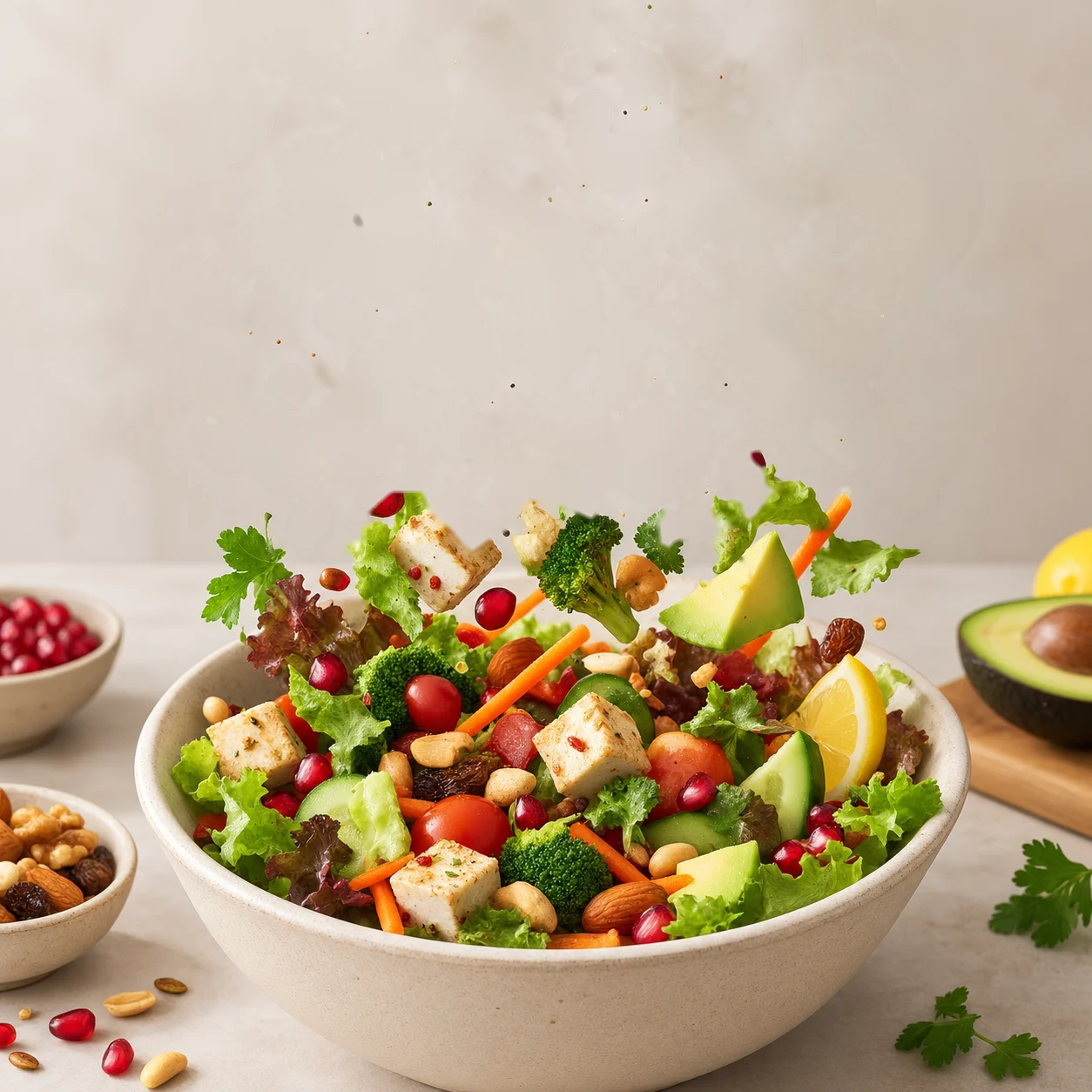 Garden Veggie Bowl with ingredients falling in